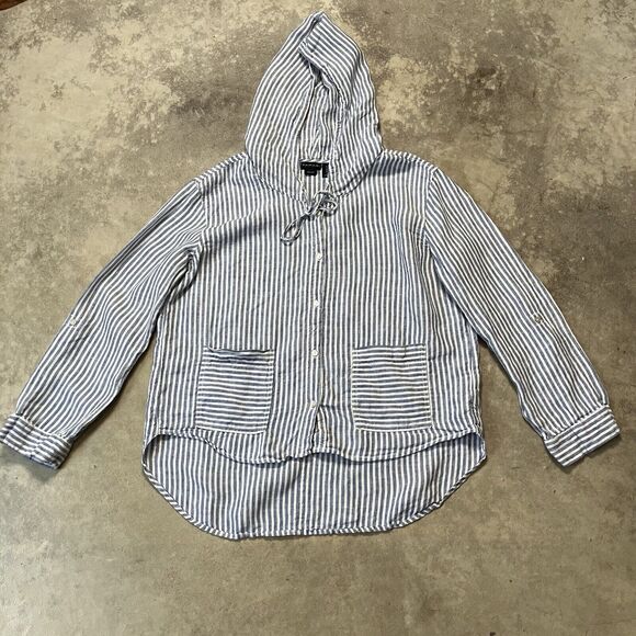 Tahari Top Womens Medium Linen Blue Striped Hooded Button Front‎ Shirt Jacket - Picture 1 of 8